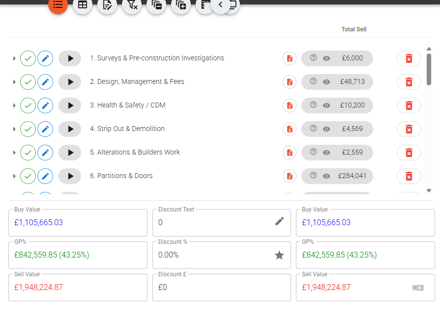 Vyntworks estimating surface showing a structured fit-out quote with live buy, sell and GP totals