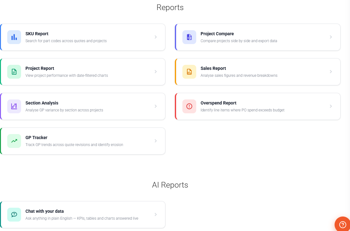Vyntworks reports hub with built-in SKU, Project Compare, Project, Sales, Section Analysis and Overspend reports plus AI chat